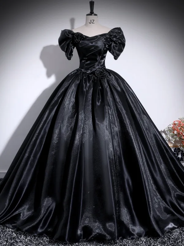 Chic / Beautiful Black Ball Gown Prom Dresses 2025 Off-The-Shoulder Puffy Short Sleeve Backless Floor-Length / Long Formal Dresses