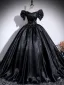 Chic / Beautiful Black Ball Gown Prom Dresses 2025 Off-The-Shoulder Puffy Short Sleeve Backless Floor-Length / Long Formal Dresses