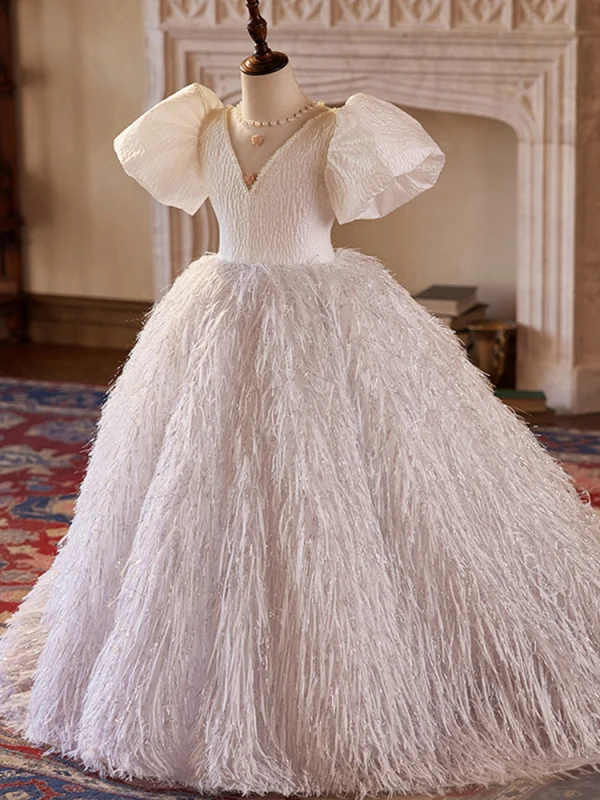 Chic / Beautiful White Pearl Tassel Birthday Flower Girl Dresses 2024 Ball Gown V-Neck Puffy Short Sleeve Backless Floor-Length / Long