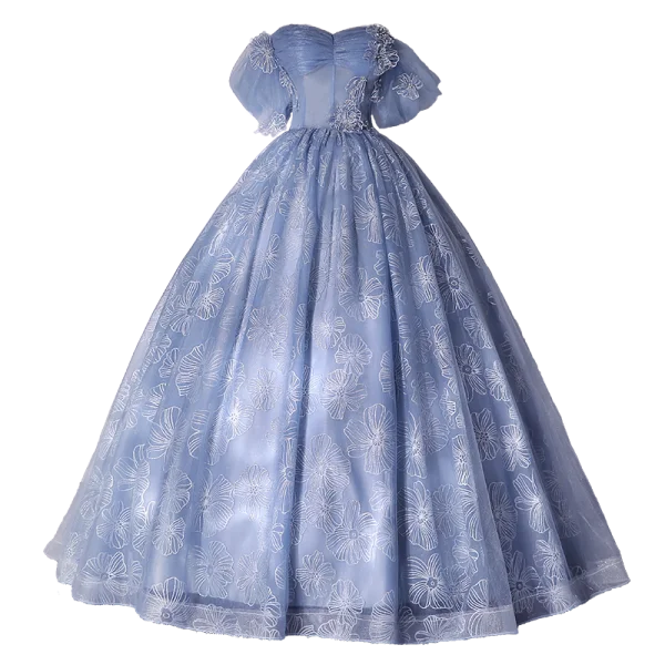 Fashion Sky Blue Flower Sequins Prom Dresses 2022 Ball Gown Off-The-Shoulder Short Sleeve Backless Floor-Length / Long Prom Formal Dresses