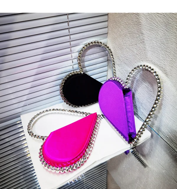 Fashion Fuchsia Heart-shaped Rhinestone Cocktail Party Clutch Bags Satin 2023