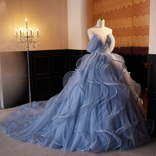 Fashion Sky Blue Pearl Sequins Lace Flower Cascading Ruffles Prom Dresses 2023 Ball Gown Strapless Sleeveless Backless Court Train Prom Formal Dresses