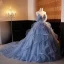 Fashion Sky Blue Pearl Sequins Lace Flower Cascading Ruffles Prom Dresses 2023 Ball Gown Strapless Sleeveless Backless Court Train Prom Formal Dresses