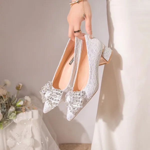 Charming Silver Rhinestone Lace Wedding Shoes 2024 4 cm Thick Heels Pointed Toe Wedding Pumps High Heels