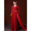 Chinese style Red Pearl Rhinestone Satin Evening Dresses 2022 A-Line / Princess V-Neck Long Sleeve Tassel Backless Evening Party Court Train Formal Dresses