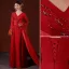 Chinese style Red Pearl Rhinestone Satin Evening Dresses 2022 A-Line / Princess V-Neck Long Sleeve Tassel Backless Evening Party Court Train Formal Dresses