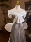 Charming Silver Sequins Prom Dresses 2024 A-Line / Princess Off-The-Shoulder Short Sleeve Backless Bow Floor-Length / Long Prom Formal Dresses