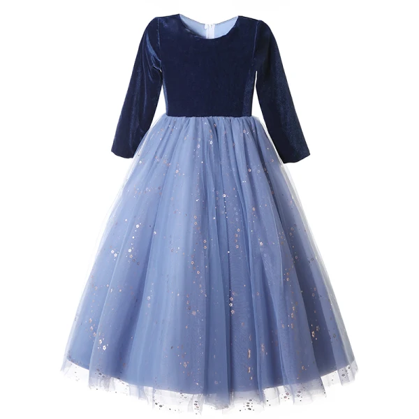 Vintage / Retro Sky Blue Suede Flower Girl Dresses 2022 Ball Gown Scoop Neck Sequins Long Sleeve Floor-Length / Long Prom Flower Girl Dresses