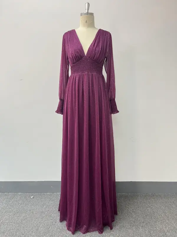Modest / Simple Fuchsia Glitter Prom Dresses 2024 A-Line / Princess V-Neck Long Sleeve Floor-Length / Long Prom Formal Dresses