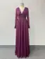 Modest / Simple Fuchsia Glitter Prom Dresses 2024 A-Line / Princess V-Neck Long Sleeve Floor-Length / Long Prom Formal Dresses