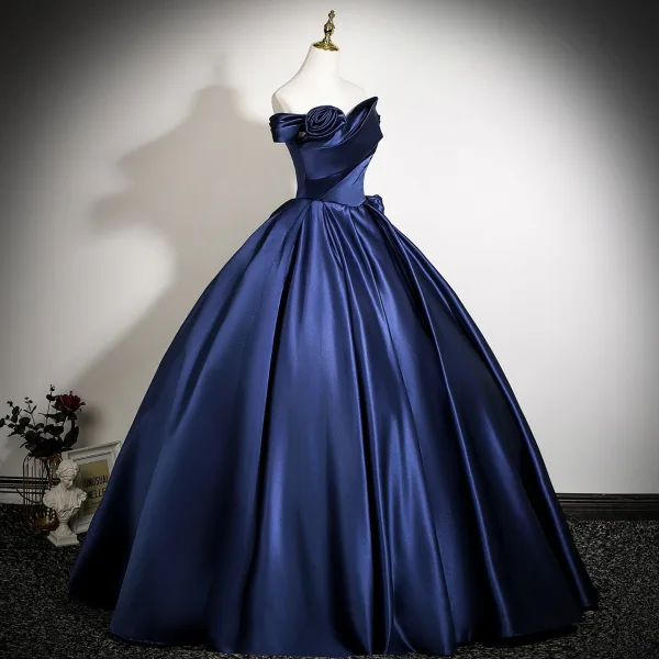 Vintage / Retro Navy Blue Prom Dresses 2025 Ball Gown Off-The-Shoulder Sleeveless Backless Floor-Length / Long Formal Dresses