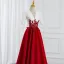 Demure Red Beading Sequins Prom Dresses 2025 Ball Gown V-Neck Short Sleeve Floor-Length / Long Prom Formal Dresses
