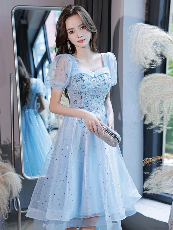 Lovely Sky Blue Star Sequins Evening Dresses 2023 A-Line / Princess Square Neckline Short Sleeve Backless Floor-Length / Long Evening Party Formal Dresses