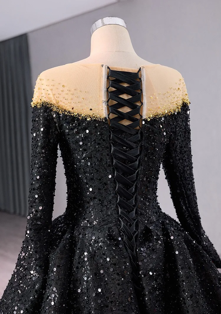 Unusual Luxury Gorgeous Black Beading Sequins Multi Colors Feather Prom  Dresses 2024 Ball Gown Scoop Neck Long Sleeve Court Train Prom Formal  Dresses