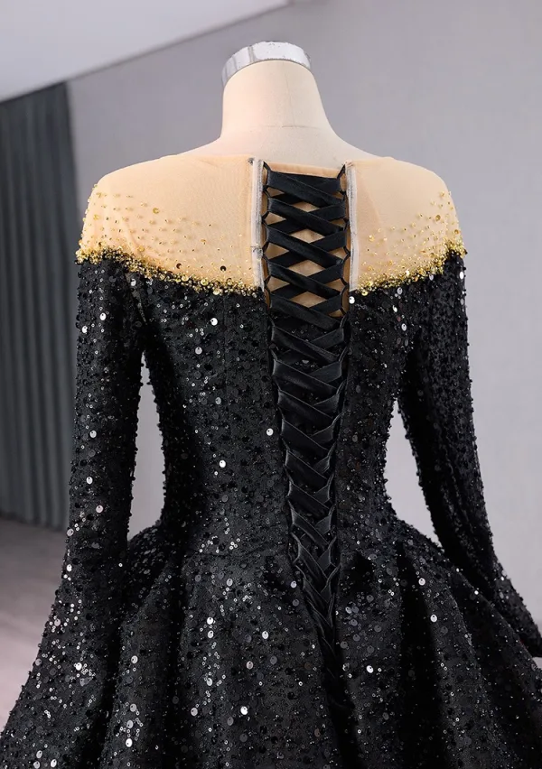 Ungewöhnlich Luxus / Herrlich Schwarz Perlenstickerei Pailletten Multifarben Feder Ballkleider 2024 Ballkleid Rundhalsausschnitt Lange Ärmel Hof-Schleppe Ball Festliche Kleider