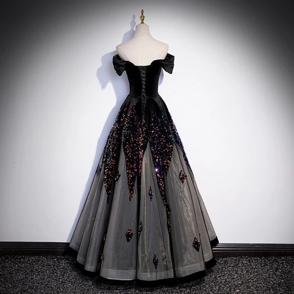 Sexy Black Sequins Evening Dresses 2023 A-Line / Princess Off-The-Shoulder Short Sleeve Backless Floor-Length / Long Evening Party Formal Dresses