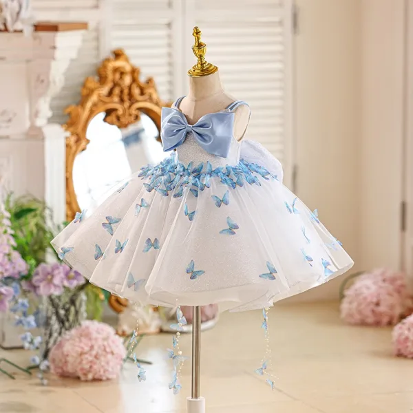 Fashion White Butterfly Appliques Birthday Short Flower Girl Dresses 2025 Ball Gown Spaghetti Straps Sleeveless Backless Bow Tulle