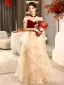 Chinese style Burgundy Beading Lace Flower Cascading Ruffles Prom Dresses 2024 A-Line / Princess High Neck Short Sleeve Floor-Length / Long Prom Formal Dresses
