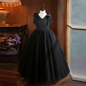 Chic Beautiful Black Birthday Flower Girl Dresses 2024 Ball Gown V Neck Sleeveless Backless Floor Length Long