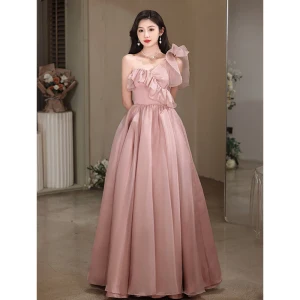 Modest Simple Blushing Pink Prom Dresses 2023 A Line Princess One Shoulder Sleeveless Backless Floor Length Long Prom Formal Dresses