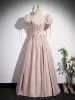 Modest / Simple Blushing Pink Satin Prom Dresses 2023 A-Line / Princess Square Neckline Puffy Short Sleeve Backless Floor-Length / Long Prom Formal Dresses