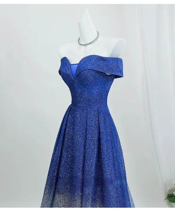 Sleek Glitter Gradient-Color Royal Blue Prom Dresses 2026 A-Line / Princess Off-The-Shoulder Short Sleeve Backless Floor-Length / Long Formal Dresses