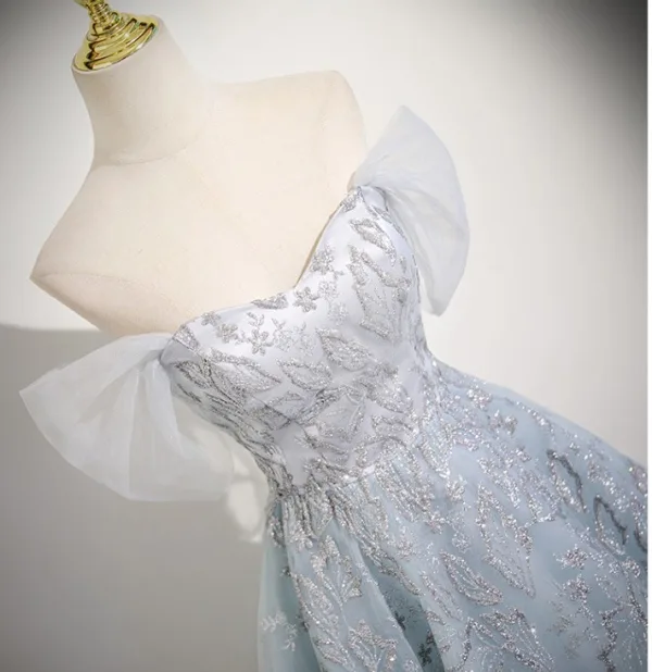 Charming Sky Blue Glitter Beading Prom Dresses 2025 Ball Gown Off-The-Shoulder Short Sleeve Backless Floor-Length / Long Formal Dresses