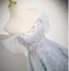 Charming Sky Blue Glitter Beading Prom Dresses 2025 Ball Gown Off-The-Shoulder Short Sleeve Backless Floor-Length / Long Formal Dresses
