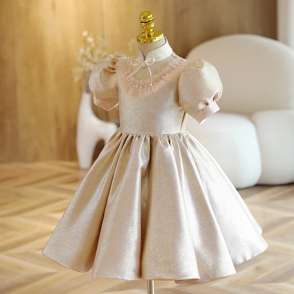 Chic / Beautiful Sky Blue Glitter Short Flower Girl Dresses 2022 A-Line / Princess Scoop Neck Pearl Short Sleeve Birthday Flower Girl Dresses