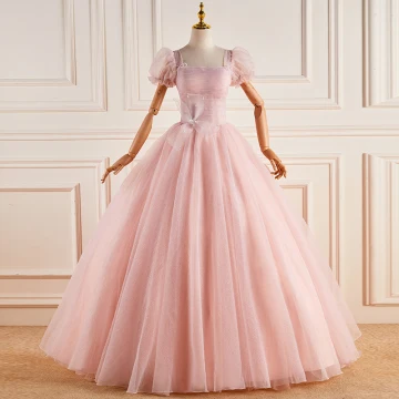 Lovely Candy Pink Sequins Prom Dresses 2022 Ball Gown Square Neckline Puffy Short Sleeve Beading Bow Backless Floor Length Long Prom Formal Dresses