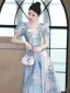 Mode Charmant Bleu Ciel Perlage Perle Paillettes En Dentelle Fleur Robe De Bal 2023 Princesse V-Cou Manches Courtes Dos Nu Longue