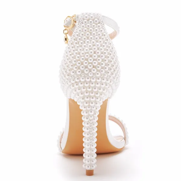 Sexy White Evening Party Pearl Ankle Strap Womens Sandals 2025 10 cm Stiletto Heels Open / Peep Toe Sandals High Heels