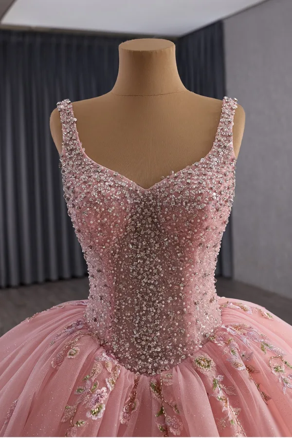 Luxury / Gorgeous Candy Pink Handmade  Beading Lace Flower Appliques Pearl Sequins Corset Prom Dresses 2025 Ball Gown V-Neck Sleeveless