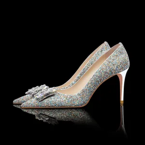Glittrande Paljetter Rhinestone Silver Brudskor 2022 Läder 8 Cm Stilettklackar Spetsiga Bröllop Pumps Högklackade