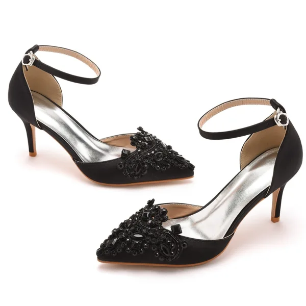 Chic / Belle Noire Faux Diamant Promo Sandales Femme 2023 Bride Cheville 7 cm Talons Aiguilles À Bout Pointu Sandales Talons Hauts