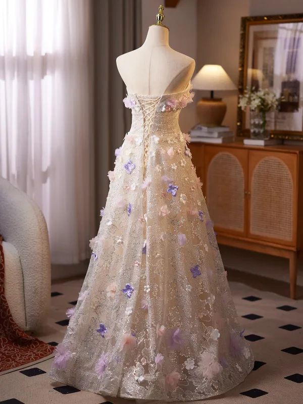 Flower Fairy Bling Bling Champagne Sequins Appliques Prom Dresses 2025 A-Line / Princess Strapless Sleeveless Backless Floor-Length / Long Formal Dresses