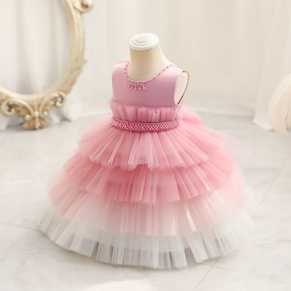 Chic / Beautiful Sky Blue Cascading Ruffles Birthday Flower Girl Dresses 2023 Ball Gown Scoop Neck Sleeveless Pearl Sash Floor-Length / Long Flower Girl Dresses