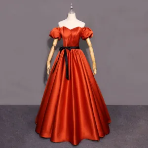 Élégant Orange Satin Robe De Bal 2024 Princesse De L Épaule Manches Courtes Dos Nu Noeud Ceinture Longue Promo Robe De Ceremonie
