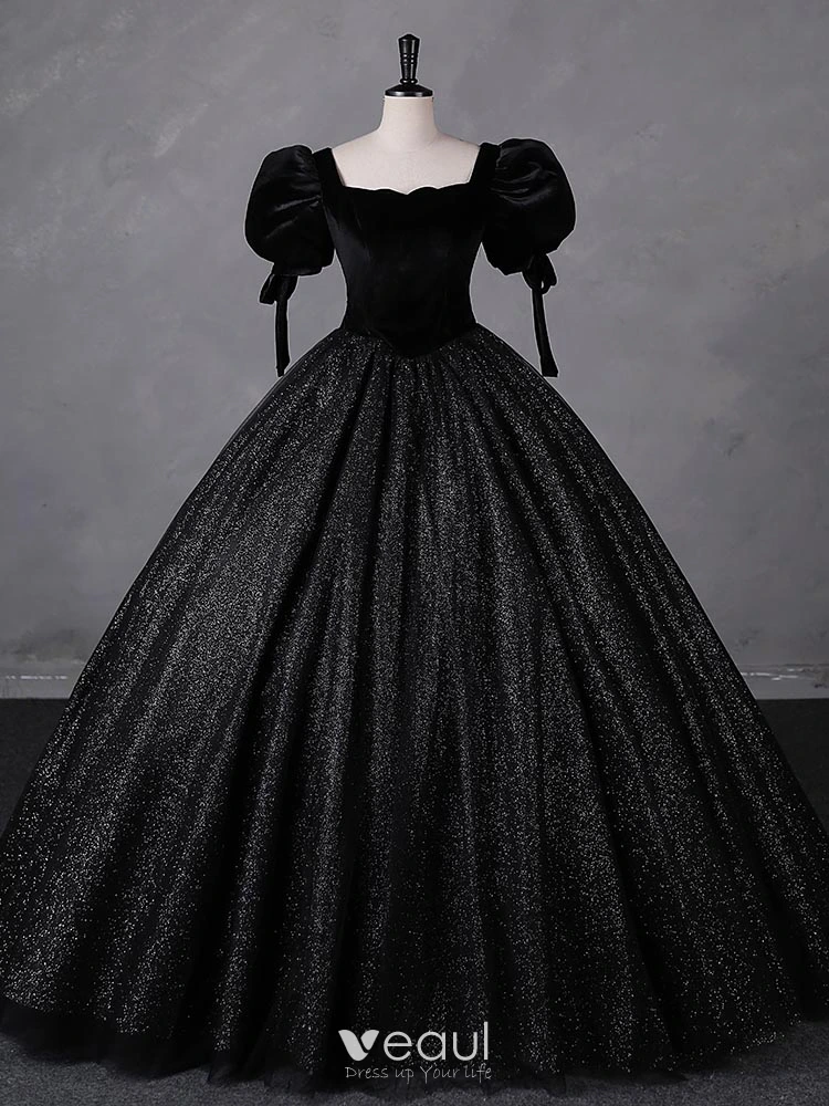Vintage / Retro Black Glitter Velvet Prom Dresses 2023 Ball Gown Square  Neckline Short Sleeve Backless Floor-Length / Long Prom Formal Dresses