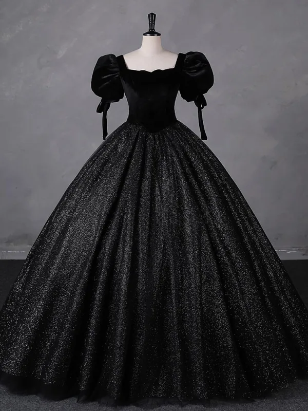 Vintage / Retro Black Glitter Velvet Prom Dresses 2023 Ball Gown Square Neckline Short Sleeve Backless Floor-Length / Long Prom Formal Dresses