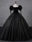 Vintage / Retro Black Glitter Velvet Prom Dresses 2023 Ball Gown Square Neckline Short Sleeve Backless Floor-Length / Long Prom Formal Dresses