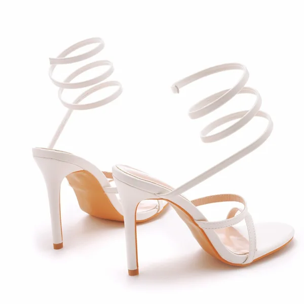 Sexy White Cocktail Party Womens Sandals 2023 10 cm Stiletto Heels Ankle Strap Open / Peep Toe Sandals High Heels