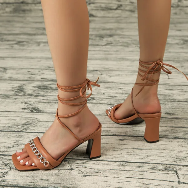 Sexy Brown Street Wear Womens Sandals 2022 Ankle Strap 7 cm Stiletto Heels Pointed Toe Sandals High Heels