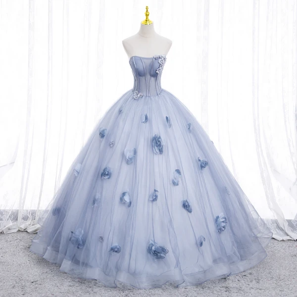 Chic / Beautiful Sky Blue Appliques Prom Dresses 2022 Ball Gown Strapless Long Sleeve Backless Floor-Length / Long Prom Formal Dresses