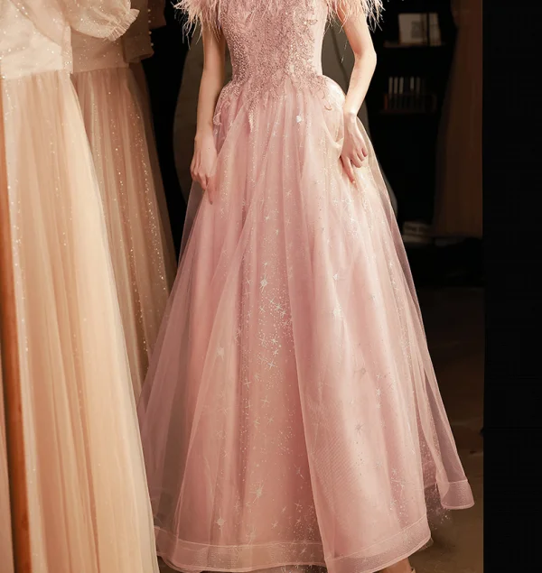 Chic / Belle Rougissant Rose Perlage Paillettes Robe De Soirée 2023 Princesse Encolure Dégagée Gland Sans Manches Longue Soirée Robe De Ceremonie