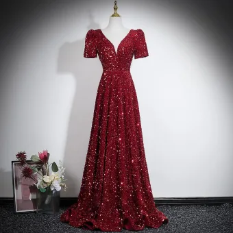 Dazzling Burgundy Sequins Evening Dresses 2026 A Line Princess V Neck Short Sleeve Backless Floor Length Long