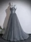 Schöne Grau Perlenstickerei Pailletten Ballkleider 2026 A Linie Spaghettiträger Ärmellos Rückenfreies Sweep / Pinsel Zug Ball Festliche Kleider