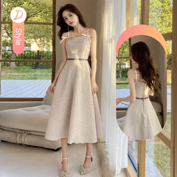 Modest / Simple Beige Bridesmaid Dresses 2022 A-Line / Princess Short Sleeve Backless Tea-length Bridesmaid
