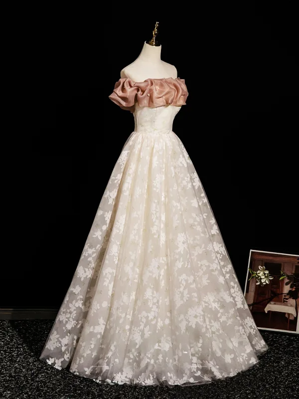 Chic / Beautiful Champagne Printing Prom Dresses 2025 A-Line / Princess Off-The-Shoulder Short Sleeve Backless Floor-Length / Long Formal Dresses
