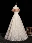 Chic / Beautiful Champagne Printing Prom Dresses 2025 A-Line / Princess Off-The-Shoulder Short Sleeve Backless Floor-Length / Long Formal Dresses